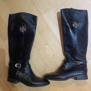 Tory Burch Black Leather Knee-High Riding Boots with Gold Logo